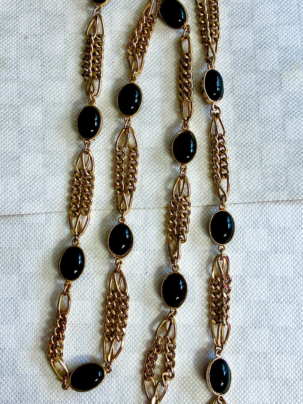 Long Gold Tone Chain Necklace with Black Lucite/Plastic?? Beads